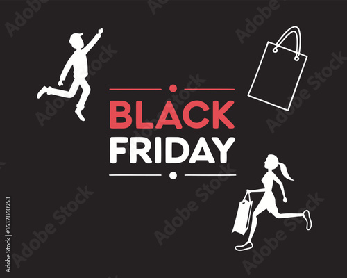 Black Friday sale shopping frenzy vector design showing eager shoppers running and reaching for deals on a clean dark background