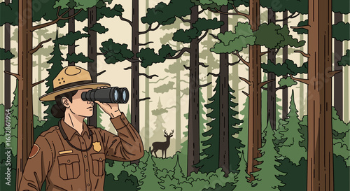 A park ranger in uniform uses binoculars to observe a deer in a dense forest.