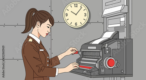 An illustration of a woman in uniform operating a retro teletype machine, with a clock on a riveted wall.