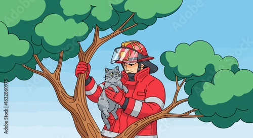 A firefighter in red uniform carefully rescuing a frightened gray cat from a tall tree.