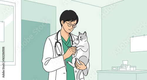 A kind male veterinarian in a lab coat and scrubs gently holds a cat during a medical checkup in a clinic.