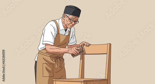 An elderly Asian man in an apron carefully sands a wooden chair by hand.
