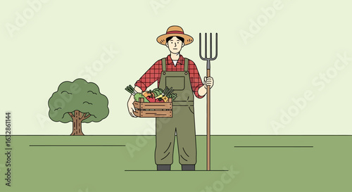 A farmer in overalls and a hat stands in a field holding a pitchfork and a crate of fresh vegetables.