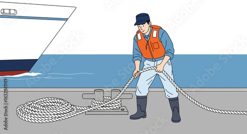 A dockworker in a life vest secures a large ship to a cleat with a mooring rope.