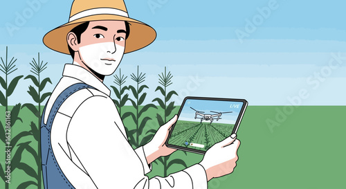 A farmer wearing a straw hat and overalls uses a tablet to control a drone flying over a cornfield, illustrating modern agricultural technology.
