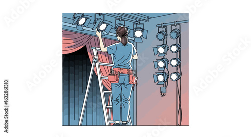 A stage technician on a ladder adjusts theatrical lights above a red curtain.