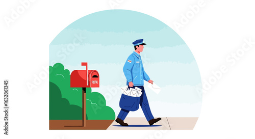 An illustrated postman in uniform walks along a sidewalk, holding a letter and a bag filled with mail, approaching a red residential mailbox.