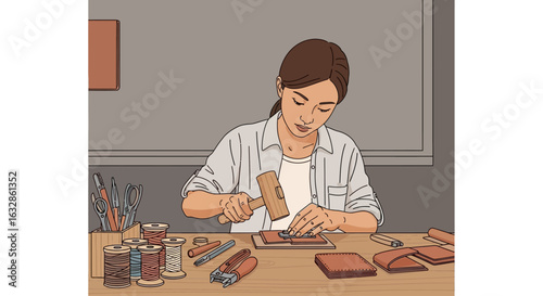 A skilled female artisan meticulously handcrafts a leather product, using a mallet and tools at her workshop desk.
