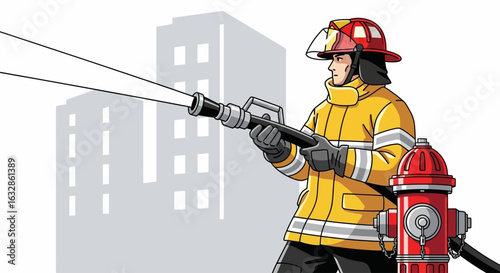 A firefighter in uniform aiming a water hose at an unseen location, near a fire hydrant.
