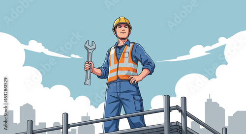 Illustration of a confident construction worker in a hard hat and safety vest holding a wrench, standing on scaffolding against a cityscape backdrop.