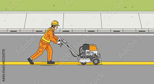 Worker operating a road marking machine along a city street.