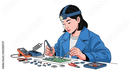 A young woman meticulously works on a circuit board, using soldering tools and electronic components.