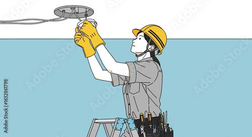Female electrician installing ceiling fixture, wearing safety gear, using tools on a ladder.
