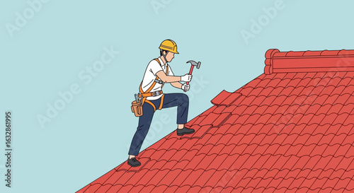 An illustrated construction worker in a hard hat and safety harness repairs a red tile roof.