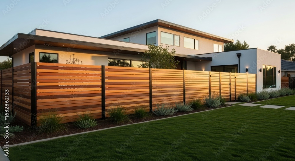 Obraz premium Modern house exterior with a stylish wooden fence and green lawn. Contemporary residential architecture design. Home improvement and real estate concept.