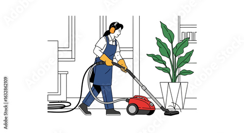 A professional cleaner in an apron and earmuffs vacuums the floor indoors.