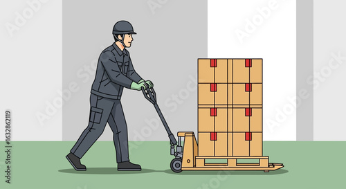 A male warehouse worker in a helmet and uniform moves stacked cardboard boxes with a hand pallet jack.
