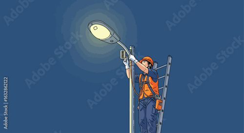 An illustrated lineman on a ladder repairs a glowing street lamp against the dark night sky.