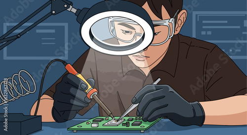 A focused technician wearing safety goggles solders a component onto a circuit board under a magnifying lamp.
