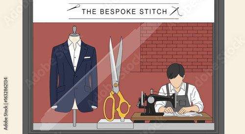 A tailor works on a suit in a shop window display.