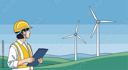 Female engineer observes wind turbines on a grassy hill.