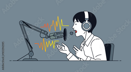 An illustrated person wearing headphones speaks into a studio microphone, with sound waves indicating audio recording or broadcasting.