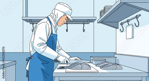 A worker in a food processing plant cuts fish on a stainless steel counter.