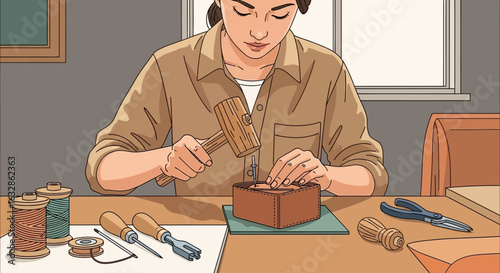 A woman meticulously crafts a leather box, using a mallet and specialized tools in her workshop.
