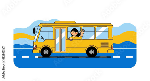 Illustration of a yellow bus driving on a blue road, with a woman waving from the window against a stylized landscape.