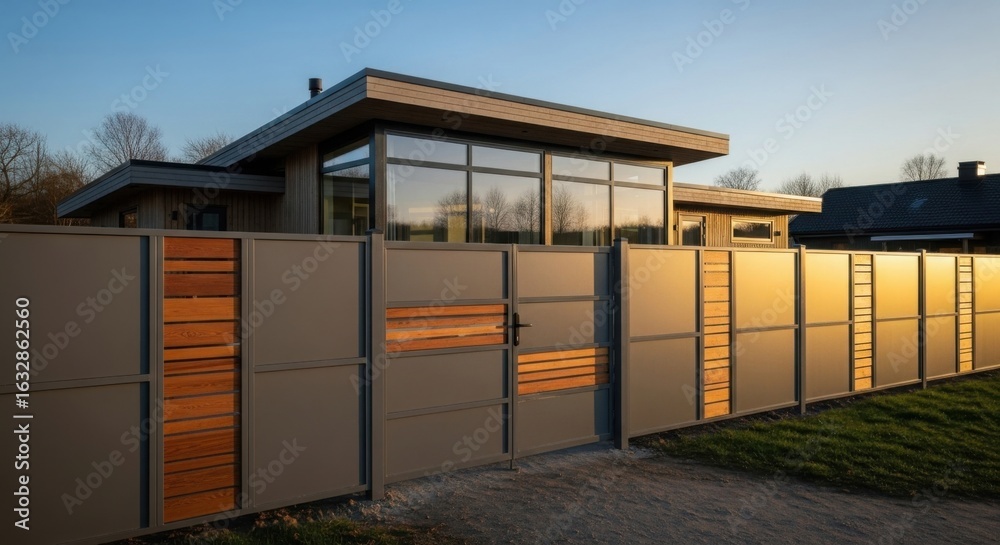 Naklejka premium Modern privacy fence with gray panels and wooden accents in front of a contemporary house, promoting security and stylish property.