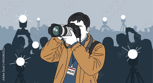 An illustration of a press photographer with a camera taking pictures amidst a crowd and multiple flashing lights.