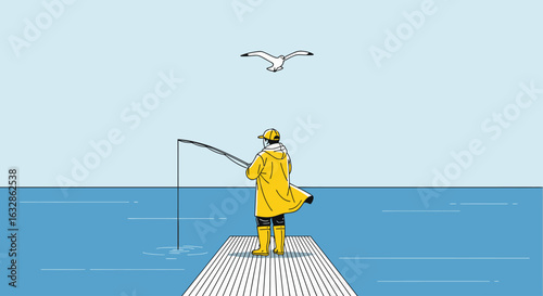 An illustration of a person in a yellow raincoat fishing from a wooden pier as a seagull flies overhead.