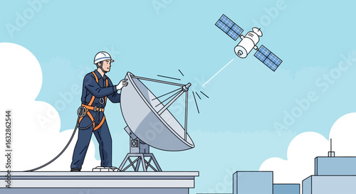 A technician wearing a hard hat and safety harness adjusts a satellite dish on a building rooftop.