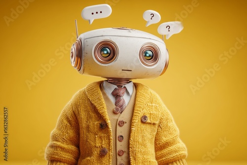 This whimsical robot features large expressive eyes and a confused expression, wearing a cozy yellow sweater. Its quirky charm stands out against a vibrant yellow backdrop.