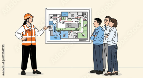Safety officer briefing employees using building floor plan.