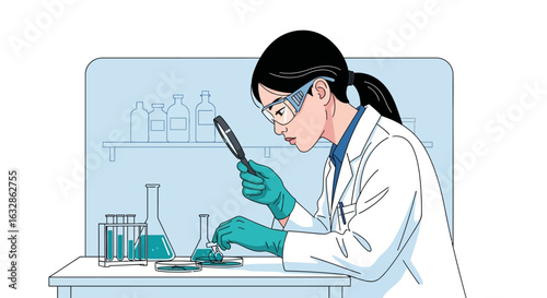 Scientist meticulously examines samples in a laboratory using a magnifying glass.