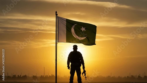 Soldier silhouette with Pakistan flag waving in a bright sun