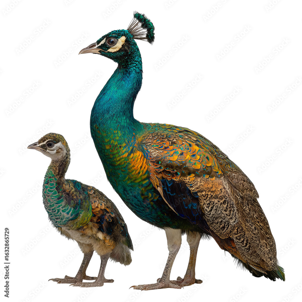 Obraz premium Png of A majestic peacock with vibrant plumage stands next to a young peafowl, showcasing their stunning colors and unique features.