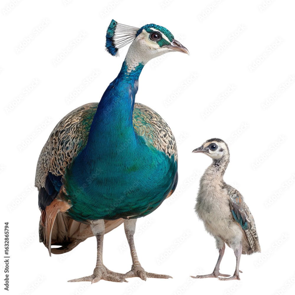 Obraz premium Png of Adult peacock with striking blue and green plumage next to a small chick, showcasing the beauty of nature.