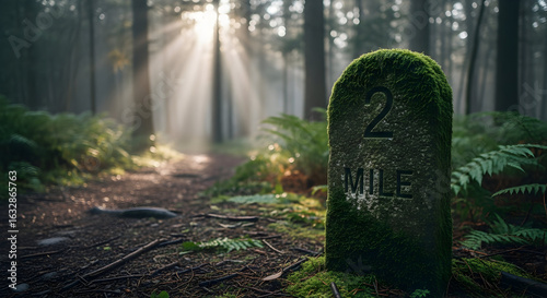 Sunlit Trail Beckons Beyond The Two Mile Marker In A Verdant Forest
