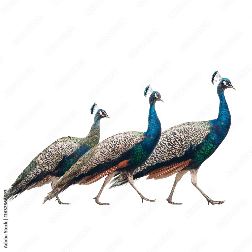 Fototapeta premium Png of Three regal peacocks walking gracefully, showcasing their vibrant feathers in shades of blue and green.