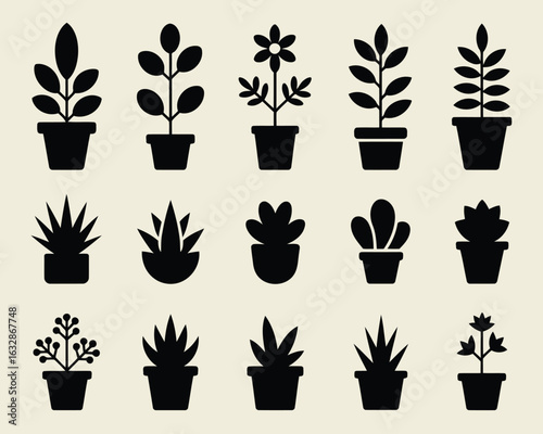 Silhouette potted plant icon set, black vector collection of various indoor houseplants and succulents for botanical design projects

