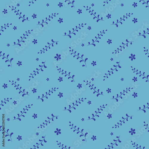 Minimal Indigo Blue Floral Seamless Pattern, Elegant Hand Drawn Design.