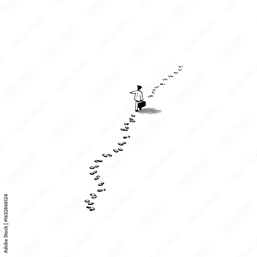 Obraz premium A man with a briefcase walking away leaving footprints on a white background in a minimalist style art