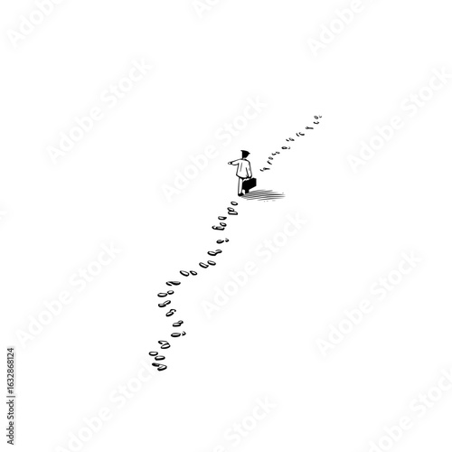 A man with a briefcase walking away leaving footprints on a white background in a minimalist style art