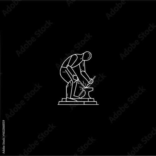 Line art depiction of a blacksmith working at an anvil against a solid black background design element