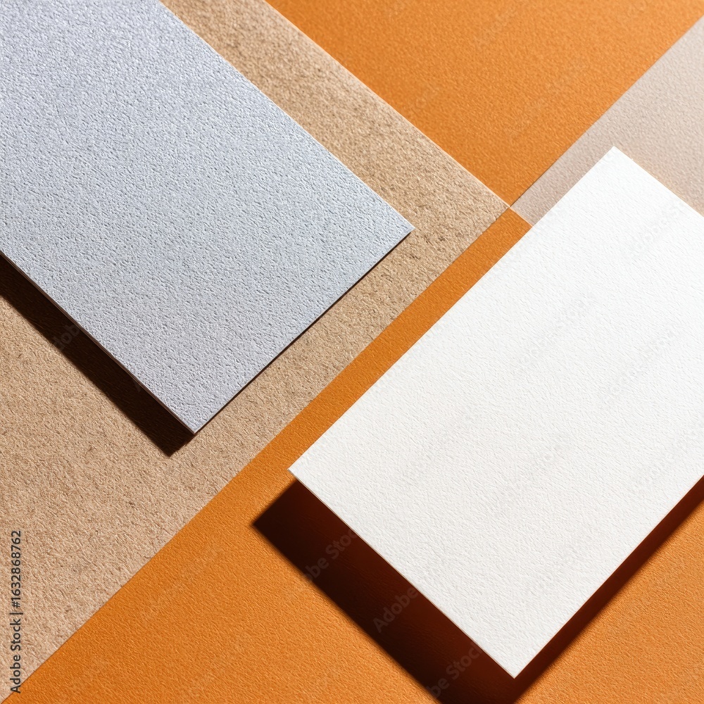 Fototapeta premium Three business cards, light and shadow on a vibrant orange background