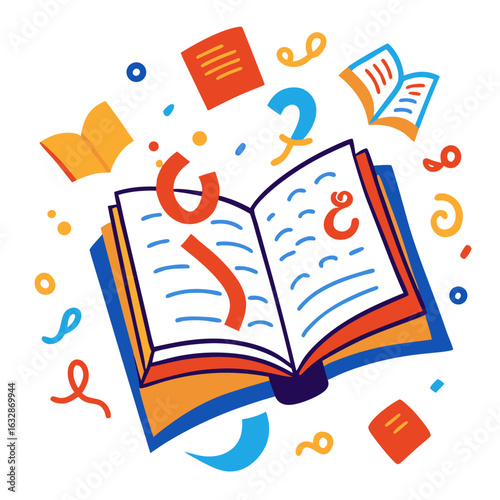 Open Notebook with Floating Alphabet Letters and Writing Symbols on White Background