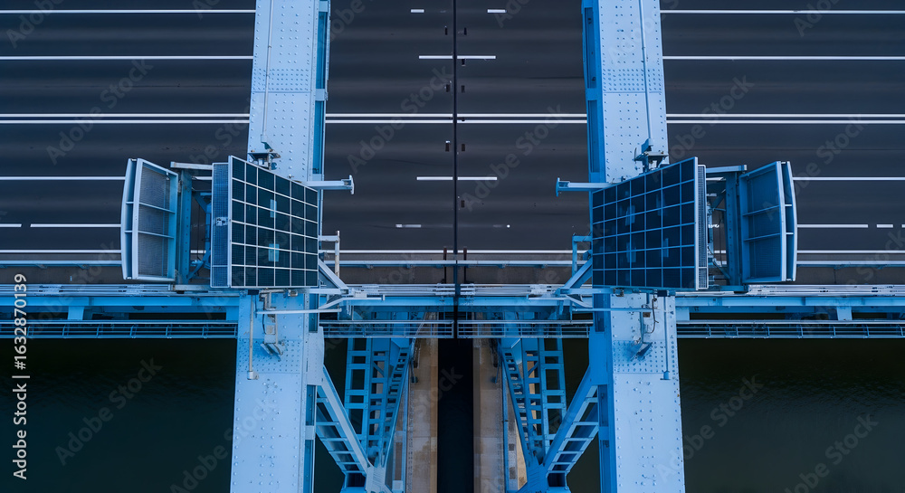 Naklejka premium Symmetrical Blue Bridge Structure From Above Over River Water Concept
