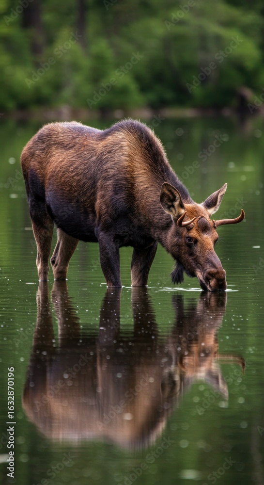 Fototapeta premium Moose drinking by tranquil lake